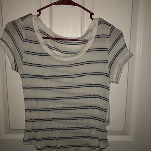 White & blue short sleeve striped semi-crop top